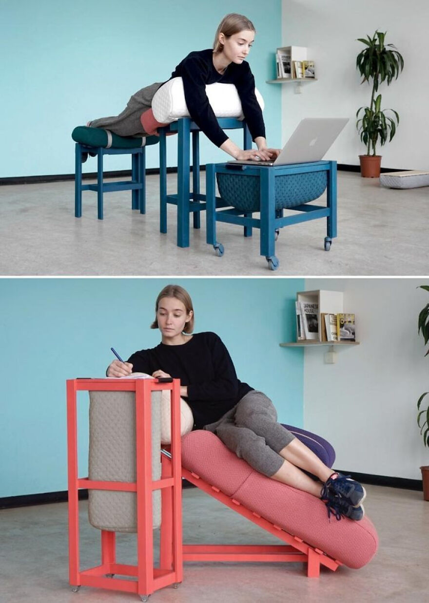 Woman using awkwardly designed furniture for working and writing, showcasing designers went too far and made things impossible to use.