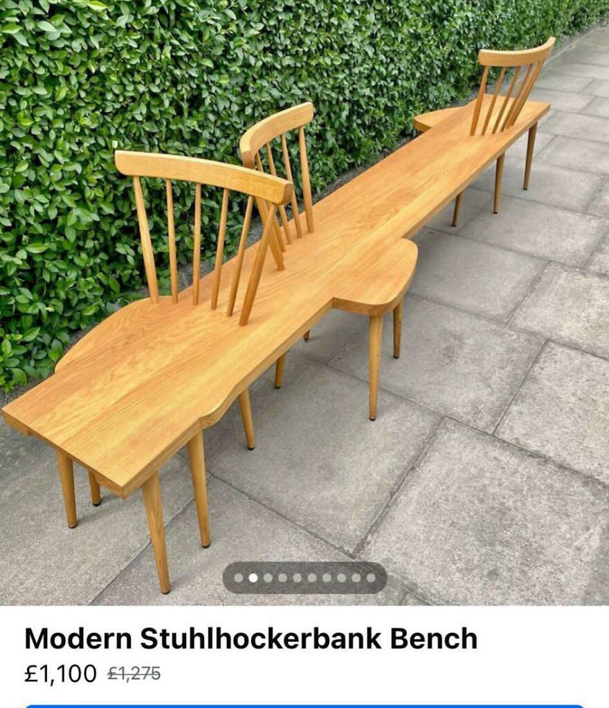 Wooden bench with attached chair backs making it impossible to sit properly, showcasing a design gone too far.