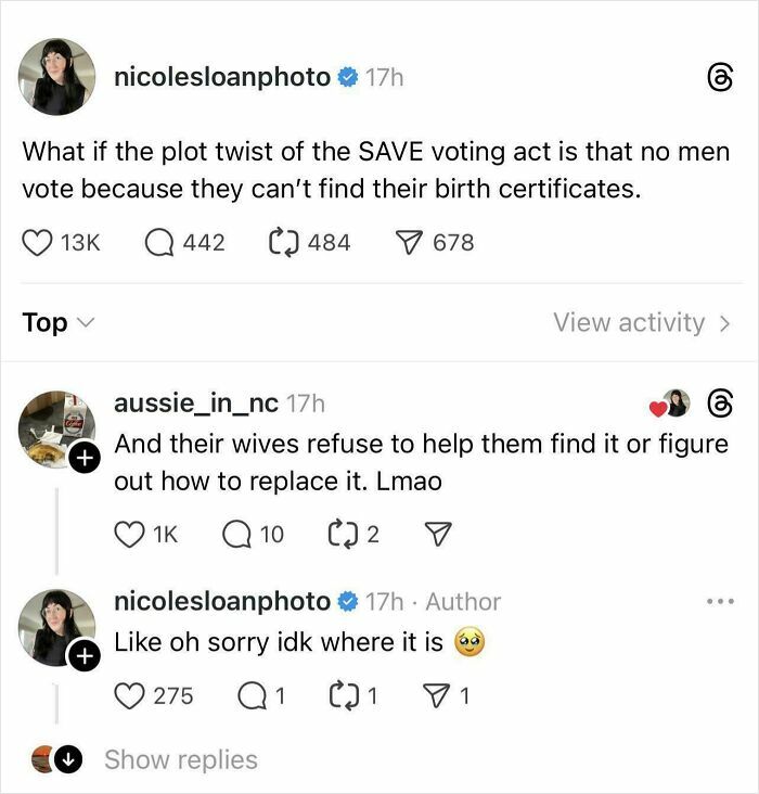 Screenshot of social media post humorously discussing the SAVE voting act and birth certificate issues in politics.