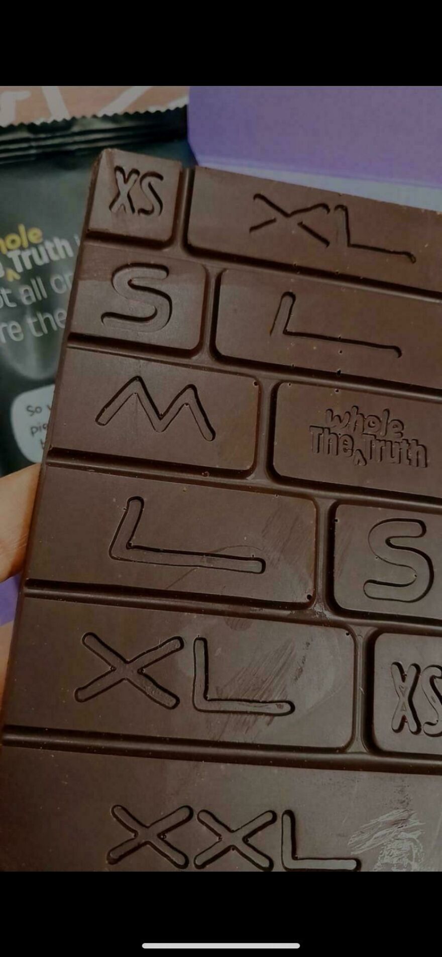 Chocolate bar with confusing size labels carved into the pieces, an example of designers going too far in usability design.