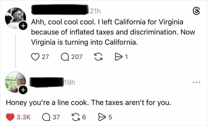 Social media posts about politics discussing taxes, discrimination, and regional stereotypes in candid online conversations.