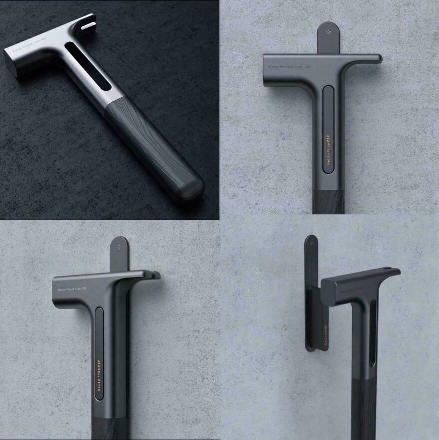 Modern hammer design with sleek black handle and unusual shape, illustrating designers going too far and making usability impossible.