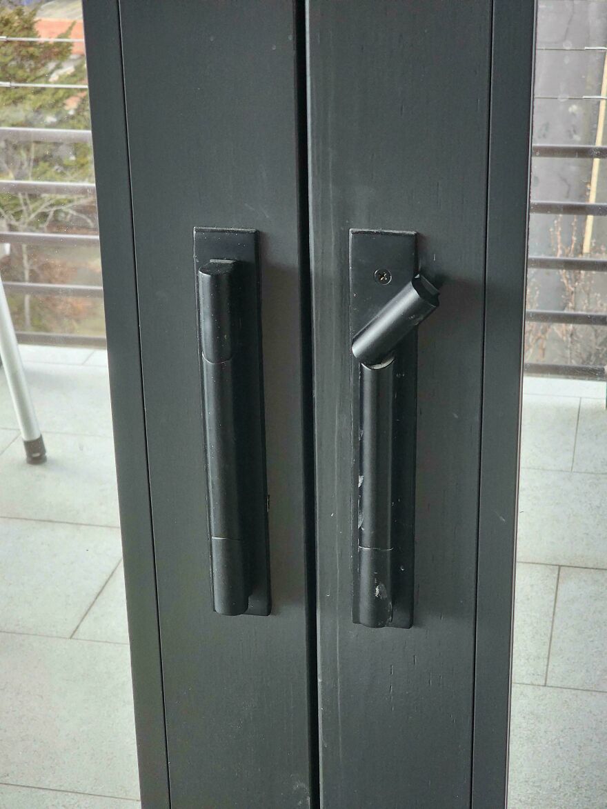 Door handles with flawed design making it impossible to use, example of designers going too far in usability.