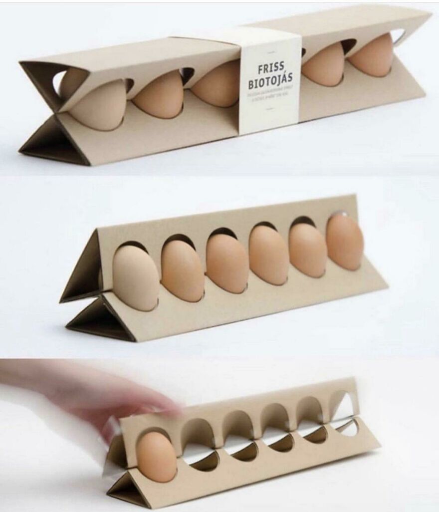 Egg carton packaging design showing impractical and impossible to use features by designers in cardboard.
