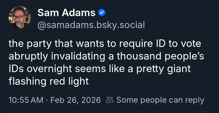 Social media post about politics criticizing voter ID laws as a warning sign in a political debate.