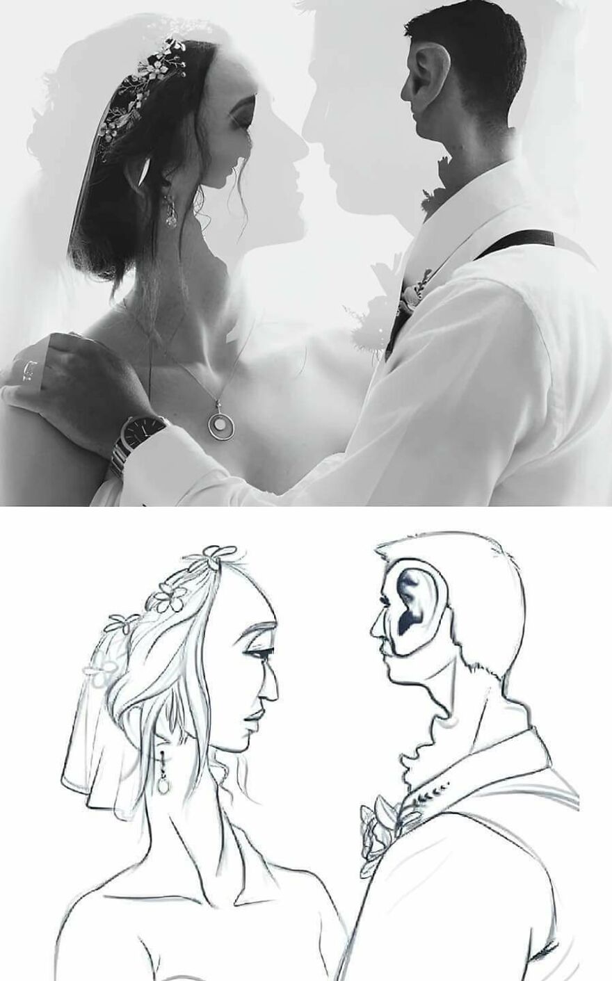 Double exposure wedding photo and sketch where designers went too far creating impossible-to-use visual illusions.