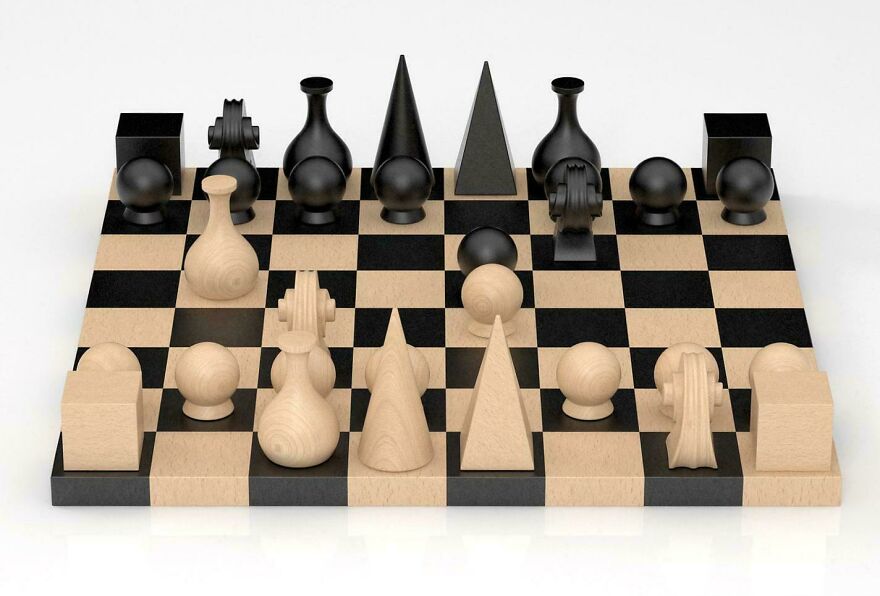 Chess set with unique abstract pieces showing designers went too far making it impossible to play or recognize the game pieces.