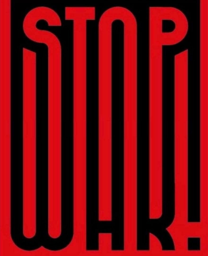 Bold red and black graphic design with distorted text spelling stop war, showcasing designers went too far.