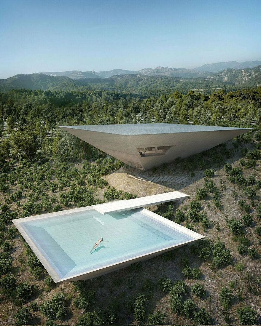 Futuristic house with impossible to use floating swimming pool design surrounded by forest and mountains.