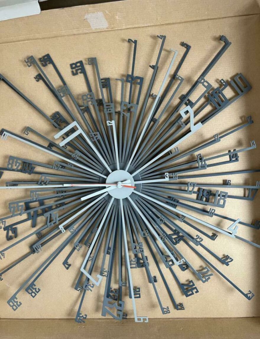 Clock with too many numbers extending outward in a confusing design, showcasing designers going too far and impossible to use.
