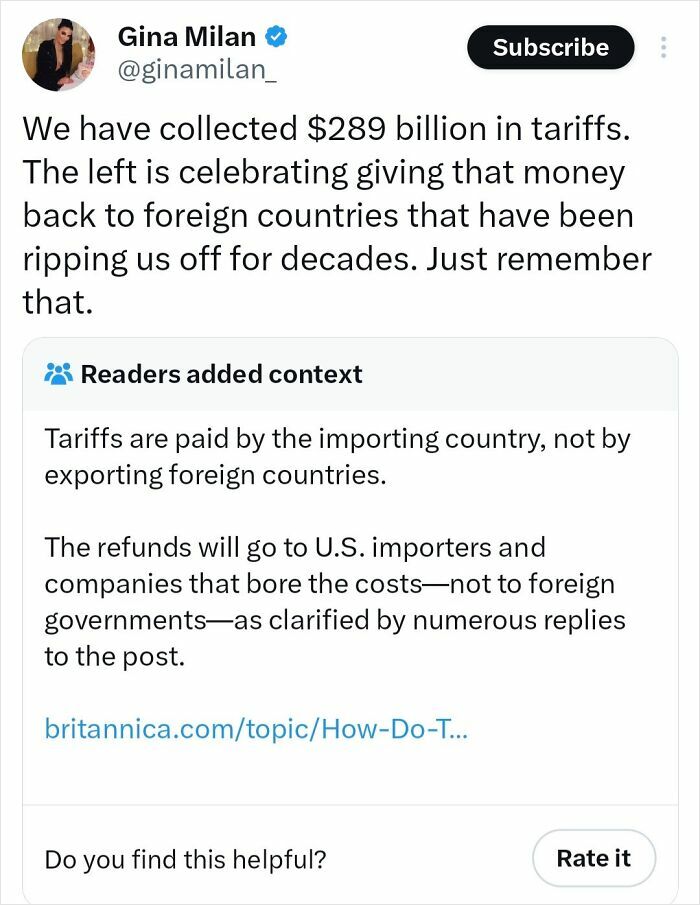 Social media post discussing tariffs and political perspectives with reader-added context clarifying economic impacts.