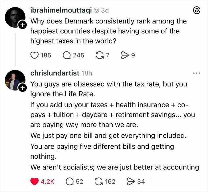 Screenshot of social media posts discussing politics and tax rates with brutally honest opinions about costs and benefits.