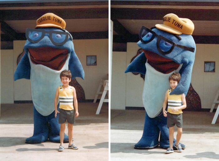 Child posing with a large person in a Charlie Tuna costume, one of the hilariously awkward childhood pics shared by people.