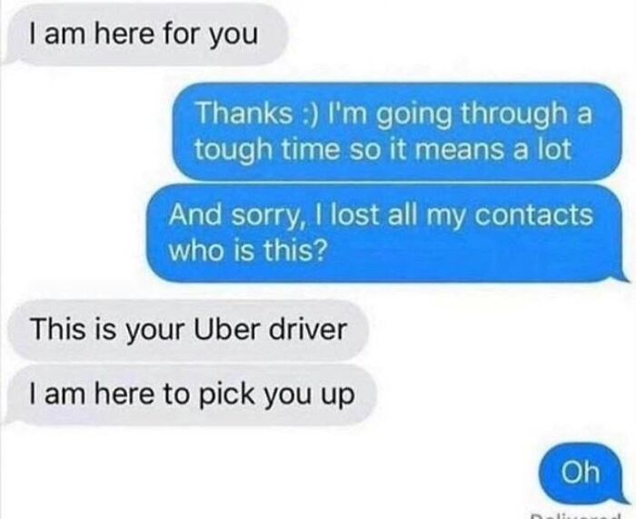 Text message exchange showing funny regret moments with an Uber driver, highlighting bad decisions and misunderstandings.