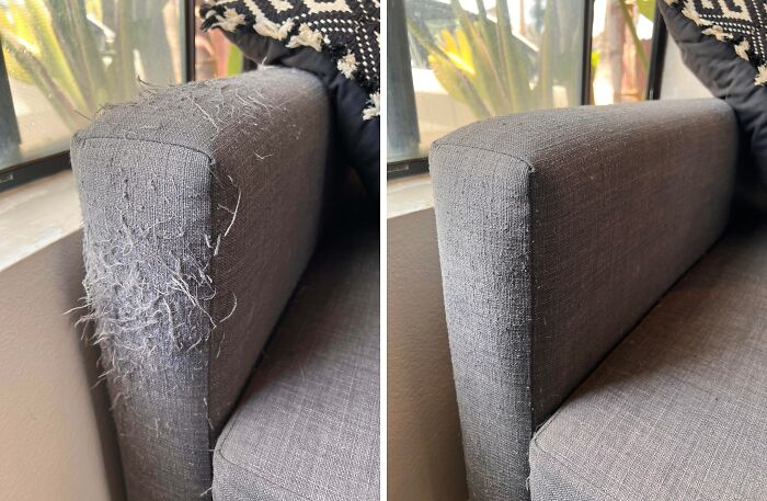 Before and after images of a gray sofa armrest fixed to remove pet hair, showcasing a genius problem-solving idea.