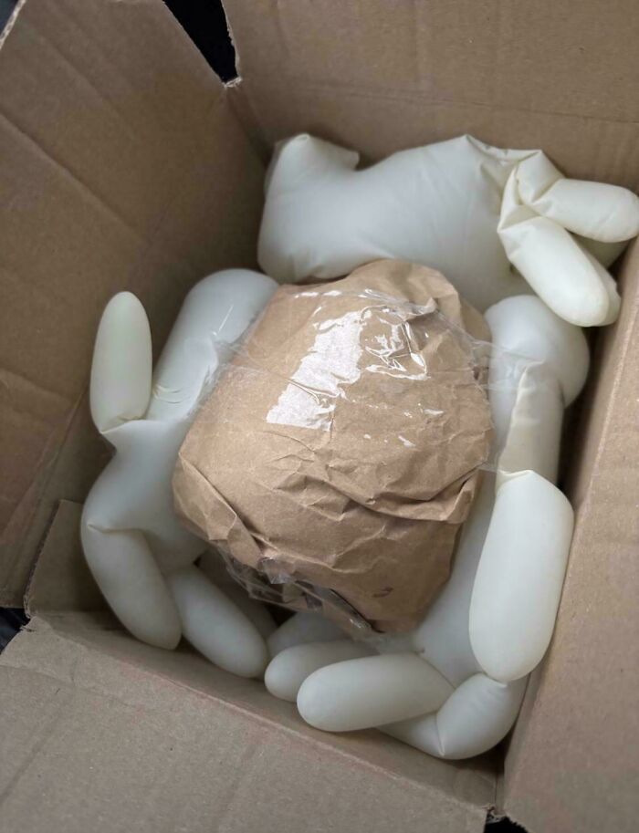 Box filled with inflated gloves and a wrapped item inside, showcasing a genius idea to solve annoying packaging problems.