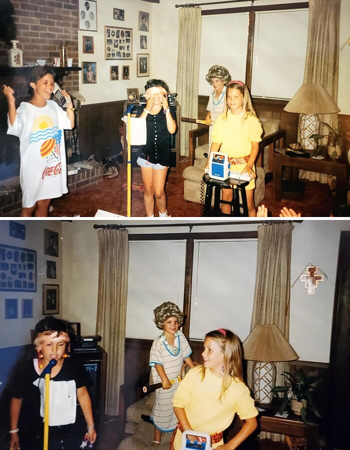 Kids in a living room acting silly and awkward in hilariously awkward childhood pics from the 80s or 90s.