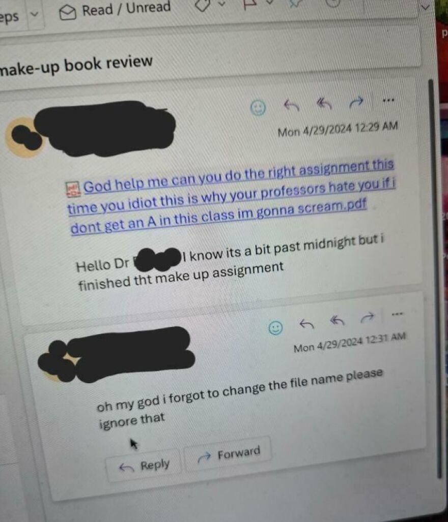 Screenshot of an email thread showing a student apologizing for a file name mistake in a random and funny email exchange.