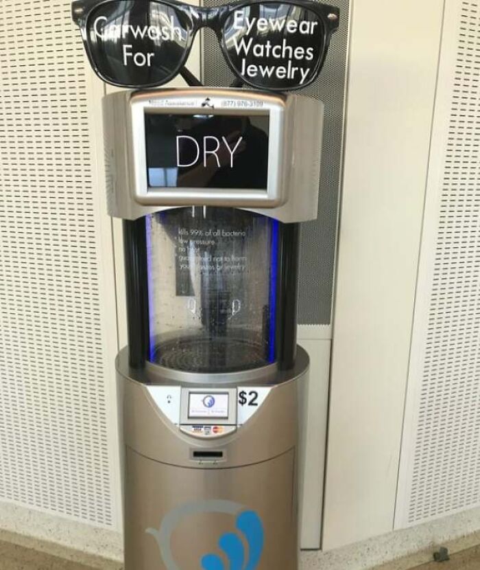 Contactless eyewear and jewelry sanitizer machine with clear DRY sign and a $2 price, a solution to annoying cleaning problems.