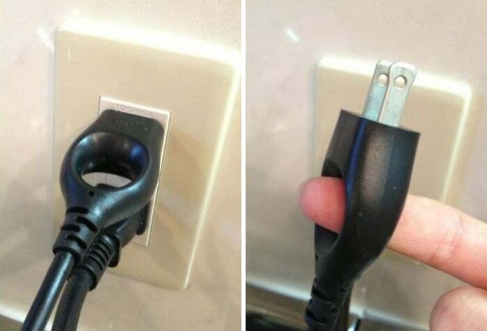 Power cord plug modified with a finger hole for easy unplugging, showcasing a genius idea to solve an annoying problem.