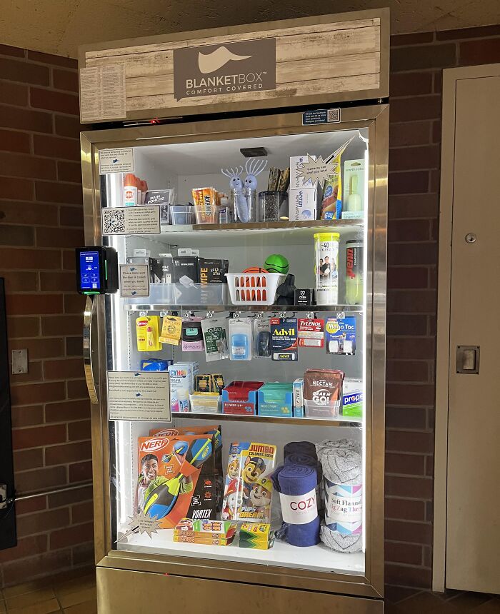 Vending machine stocked with first aid, snacks, and cozy blankets showcasing genius problem solving ideas.