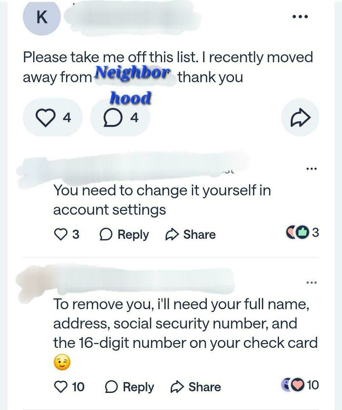 Hilarious neighborhood screenshot shows a user asking to be removed from a neighborhood online community list.