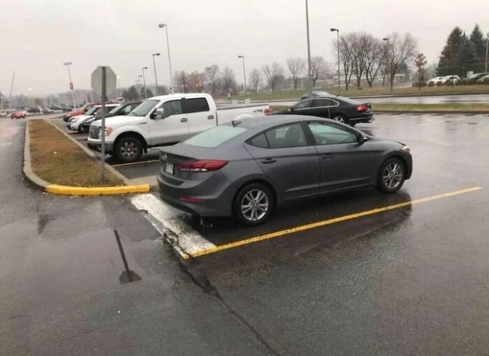 Car parked improperly outside marked lines in a wet parking lot showcasing people operating at 1% brain capacity.