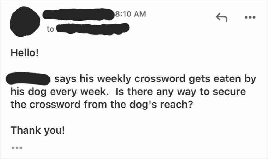 Email screenshot showing a funny work message asking if a weekly crossword can be secured from a dog’s reach, ChatGPT email example.