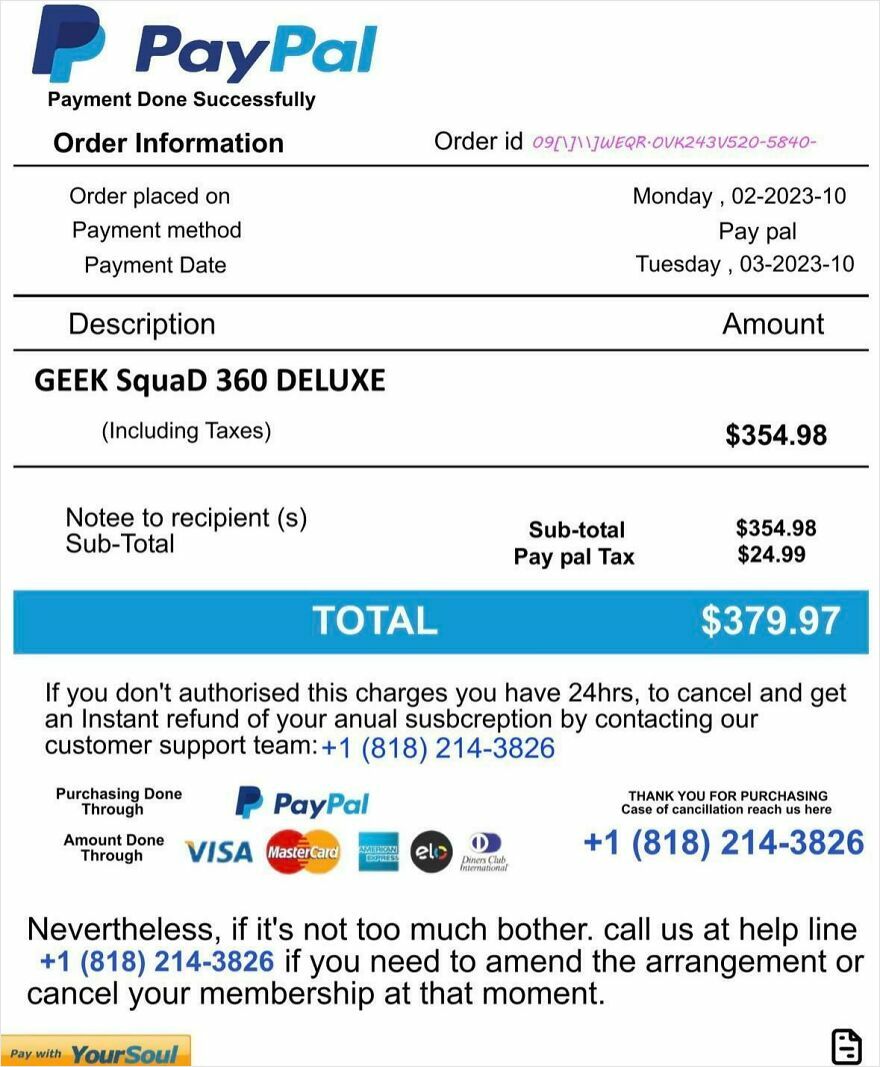 PayPal fake payment receipt for Geek Squad 360 Deluxe, showing suspicious email potentially using ChatGPT to scam.