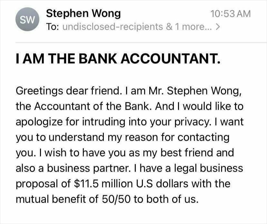 Email screenshot from Stephen Wong claiming to be a bank accountant with a suspicious business proposal.