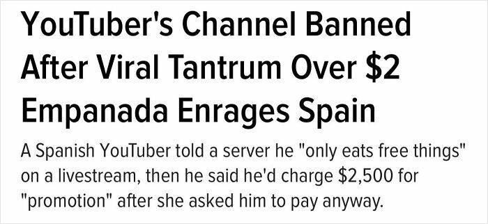 Headline about a YouTuber's channel banned after a viral tantrum involving a $2 empanada and influencer controversy.