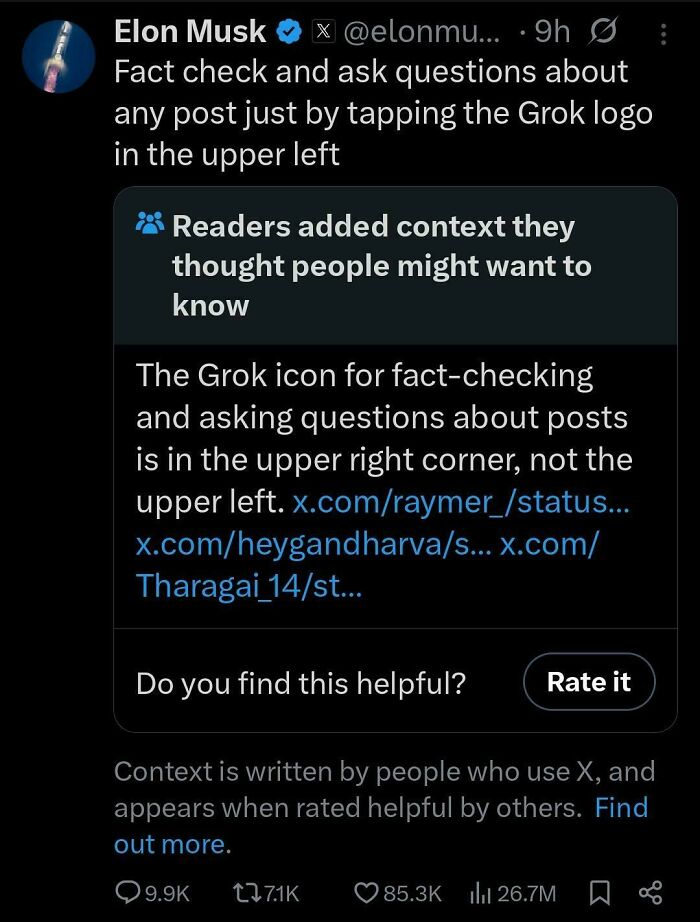 A funny 'you had one job' fail by Elon Musk, advising users to tap a logo in the wrong corner for fact-checking.