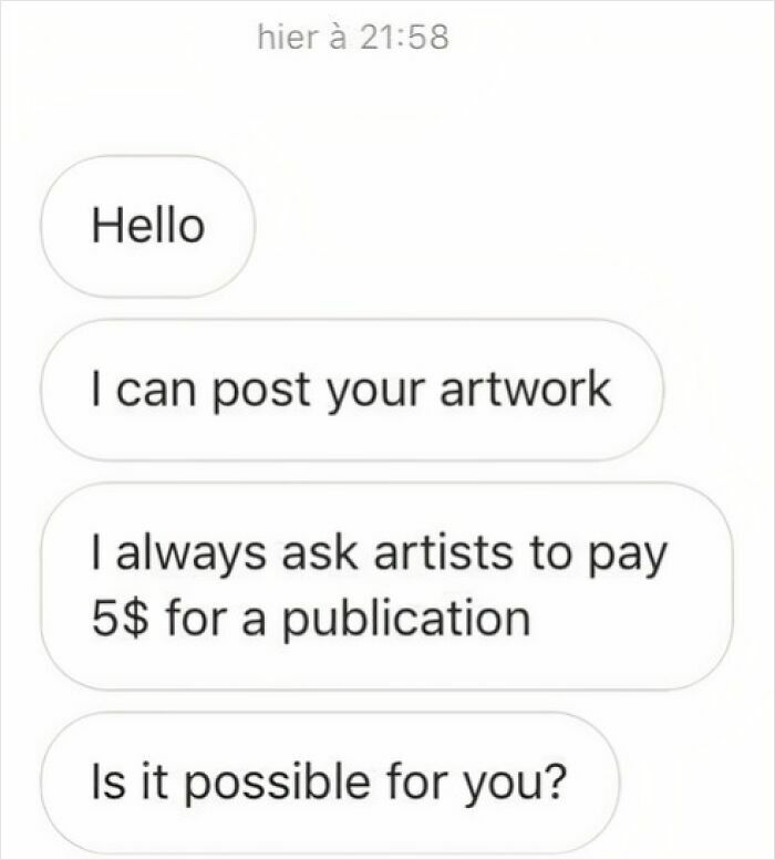 Screenshot of a cringy influencer messaging an artist, asking for payment to post artwork despite common sense.