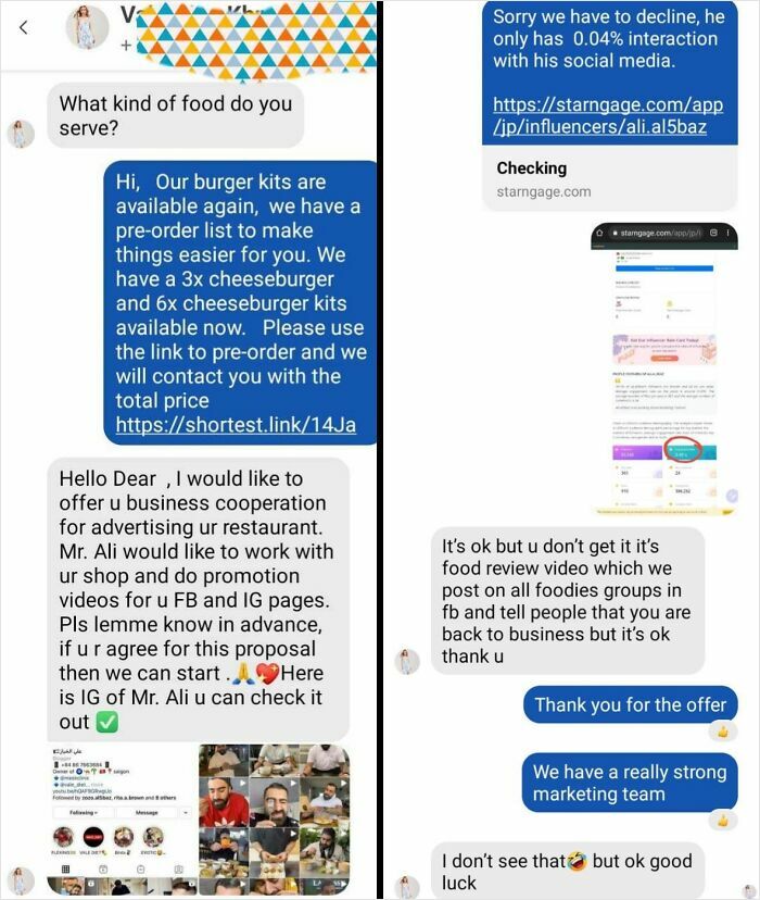 Screenshot of text messages showing a cringy influencer offer and rejection due to low social media interaction.