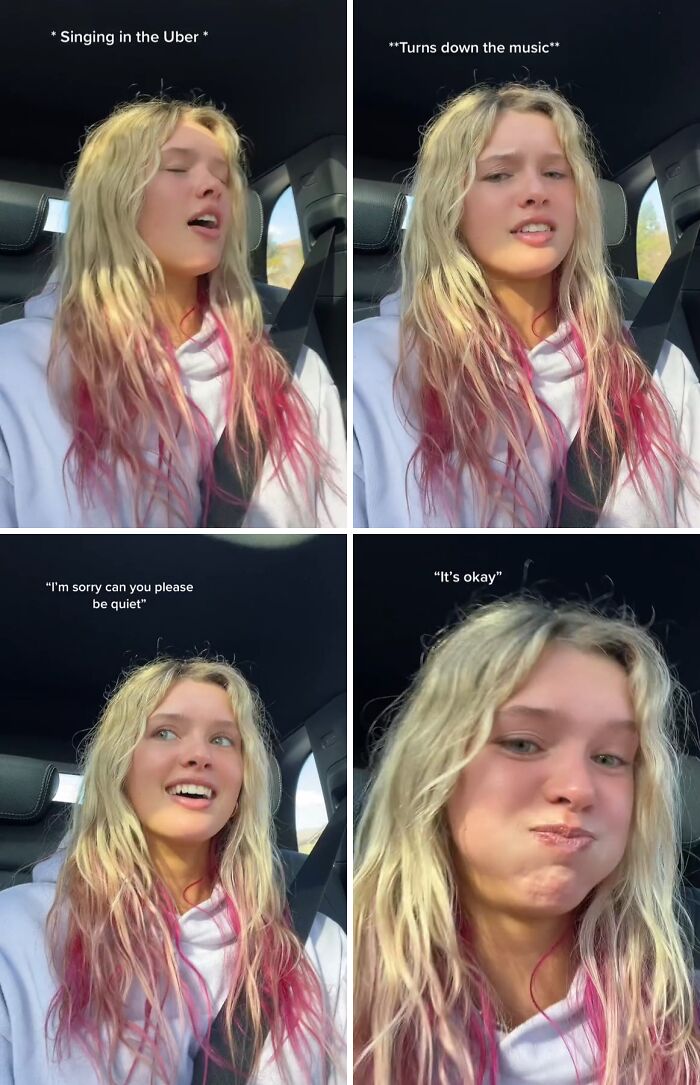 Young influencer with pink-tipped blonde hair in a car, showing cringy behavior against common sense and rules.