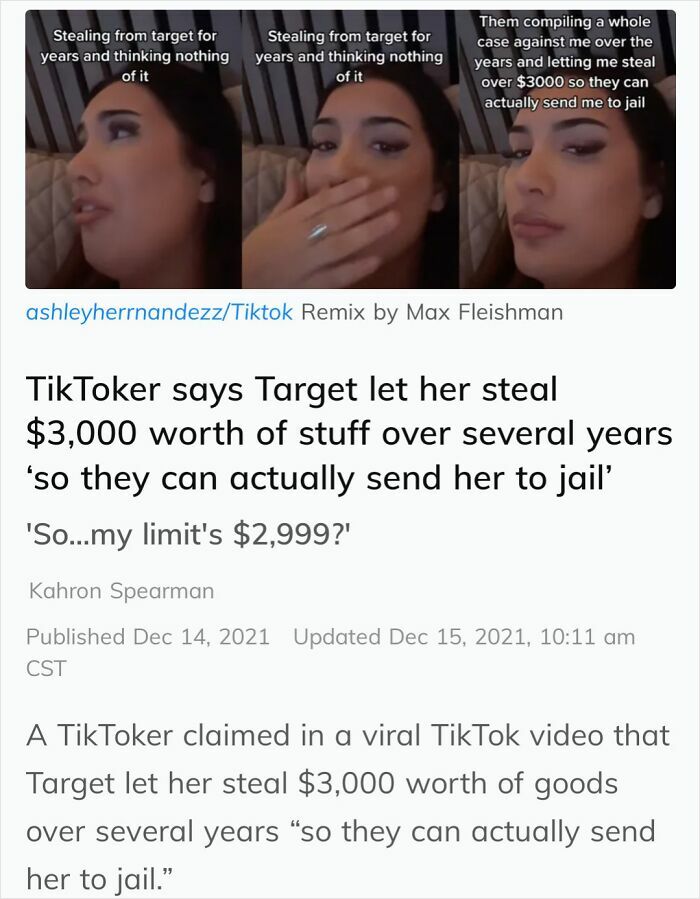 TikToker admitting to stealing from Target over years, showing influencer behavior ignoring rules and common sense consequences.