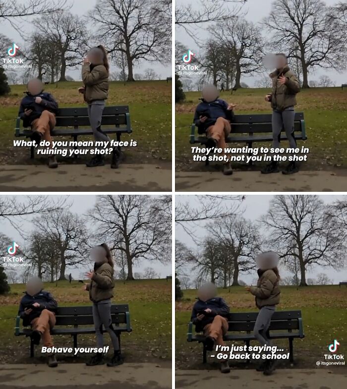 Two influencers arguing on a park bench in cringy behavior captured from a viral TikTok video.