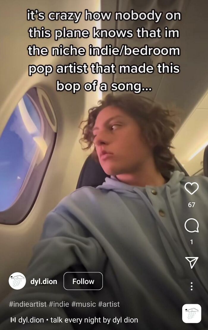 Young influencer on a plane looking out the window, showcasing cringy influencer behavior and indie music artist vibes.