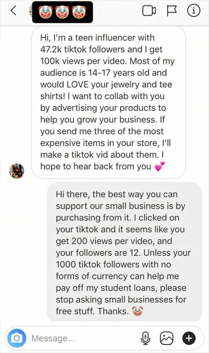 Text conversation showing a cringy influencer asking for free products to promote, highlighting influencer behavior issues.