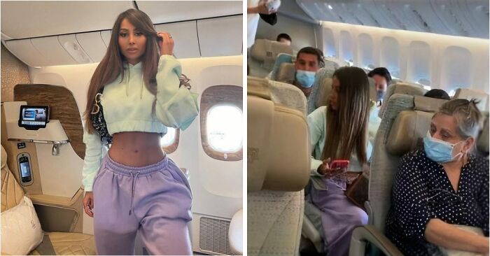 Influencer wearing cropped hoodie and purple pants inside airplane cabin ignoring mask rules and common sense.