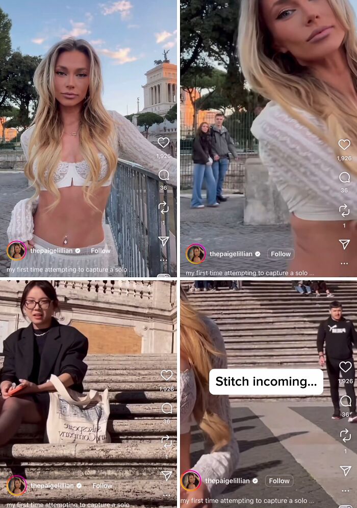 Influencer attempting a solo video outdoors with public onlookers, showing cringy influencer behavior in a historic setting.