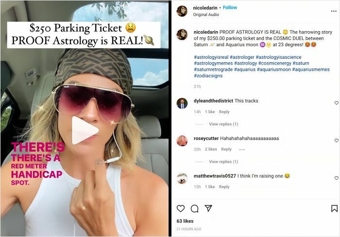 Influencer showing $250 parking ticket, claiming proof astrology is real while ignoring parking rules and common sense.