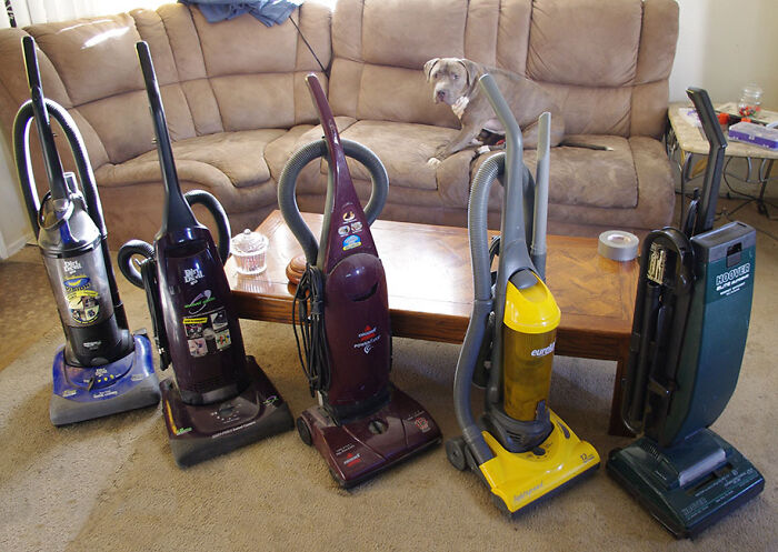 Collection of upright vacuum cleaners displayed in a living room, showing a unique obsession turned into a collection.