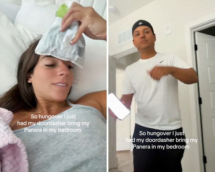 Influencers acting rule-breaking and cringy, showing doordasher delivering food to bedroom while hungover.
