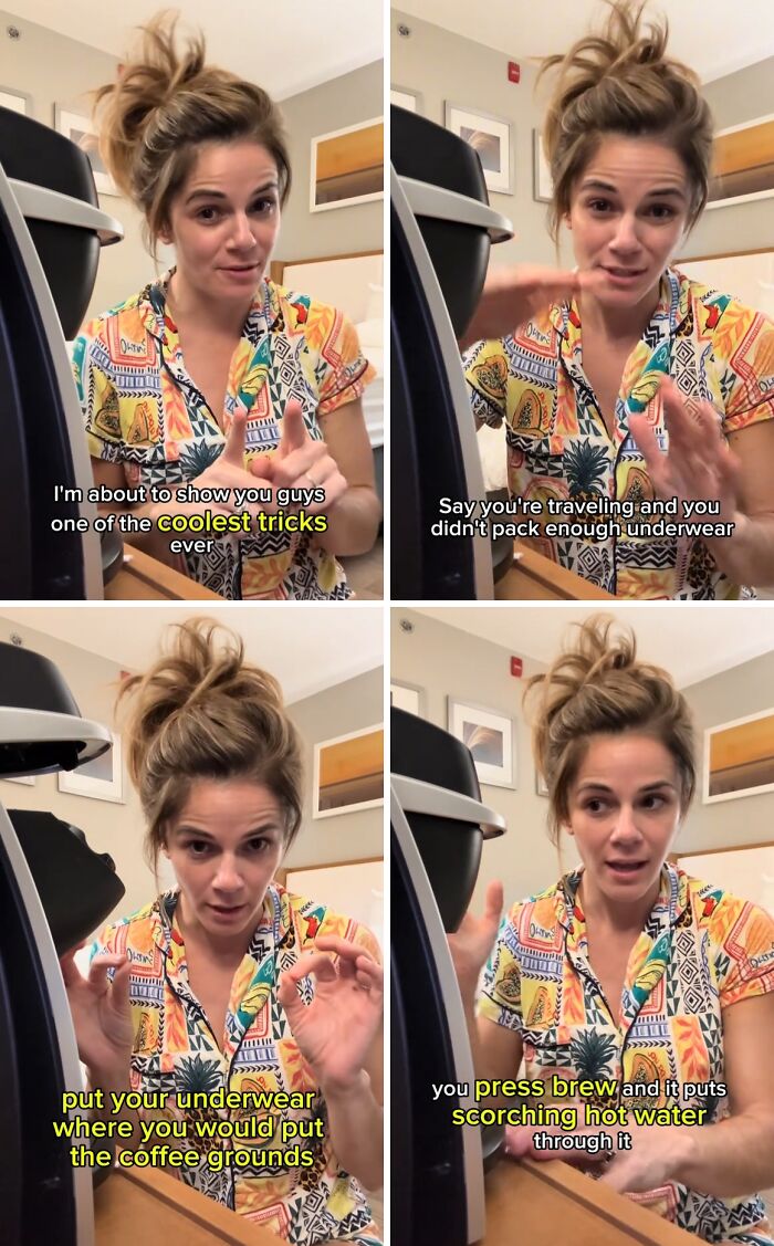 Influencer demonstrating a cringy hack by placing underwear in a coffee machine as part of rule-breaking content.