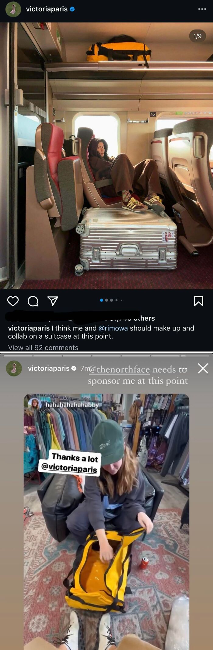 Influencer sitting on train seat with feet on suitcase and causing luggage chaos with yellow bag indoors.