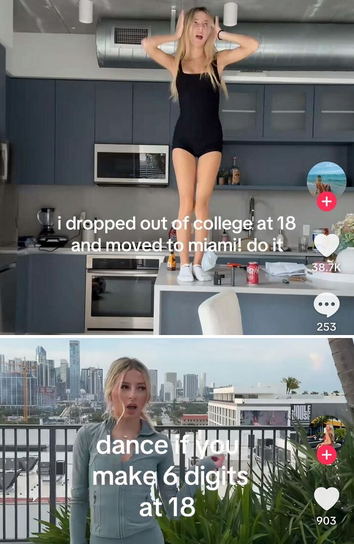 Two cringy influencers posing in Miami, one standing on a kitchen counter, ignoring rules and common sense.