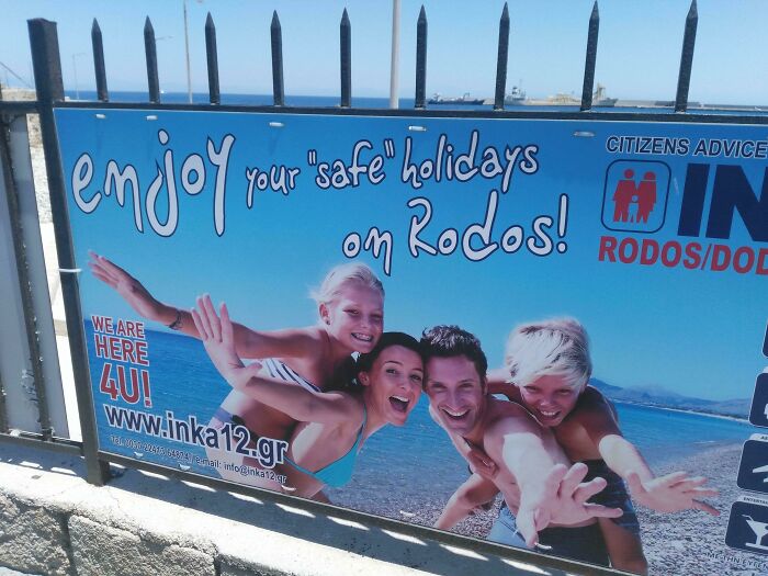 Sign with suspicious quotation marks around safe on a beach holiday advertisement featuring four happy people on Rodos.