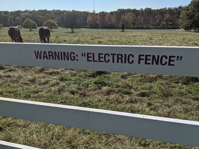 Fence with a warning sign using quotation marks around electric fence, making the message hilariously suspicious.