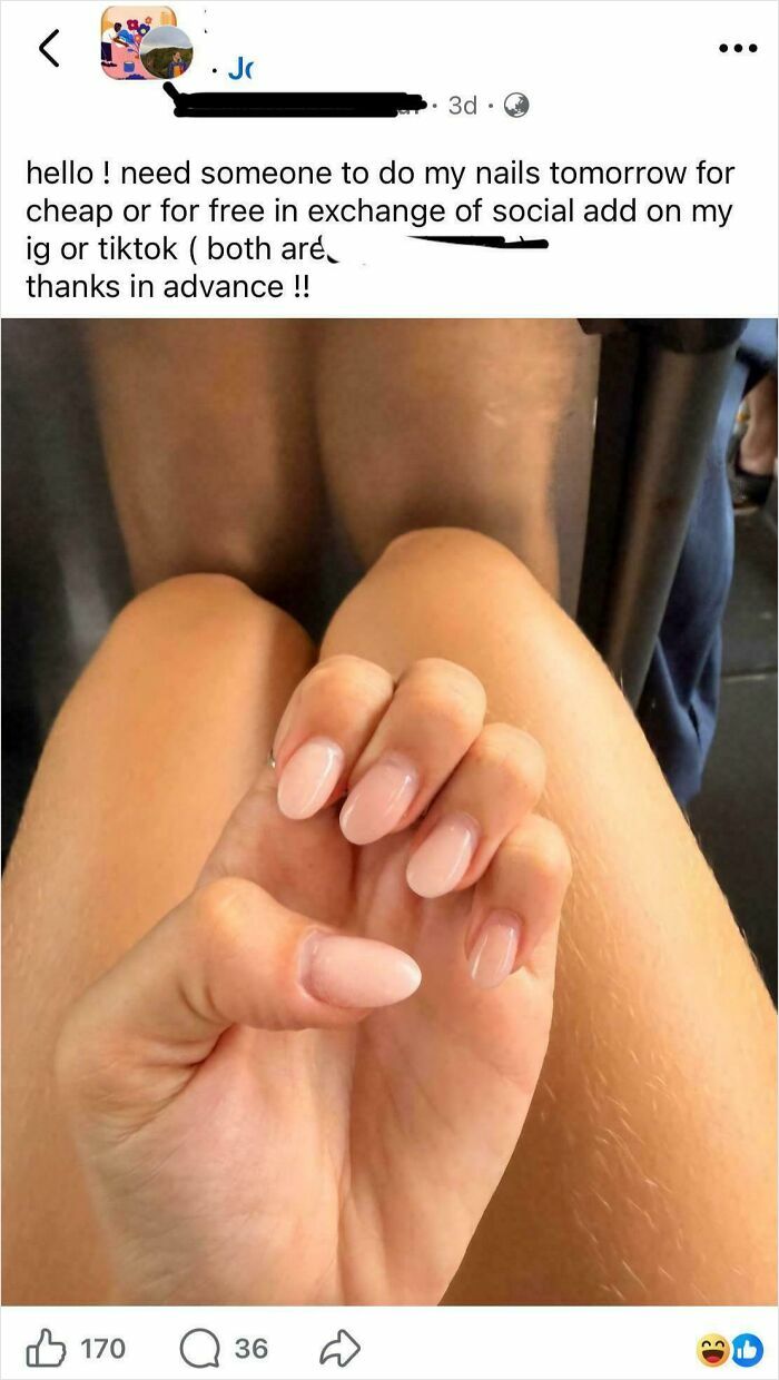 Social media influencer asking for free nails in exchange for social media promotion, showing freshly done nails close-up.